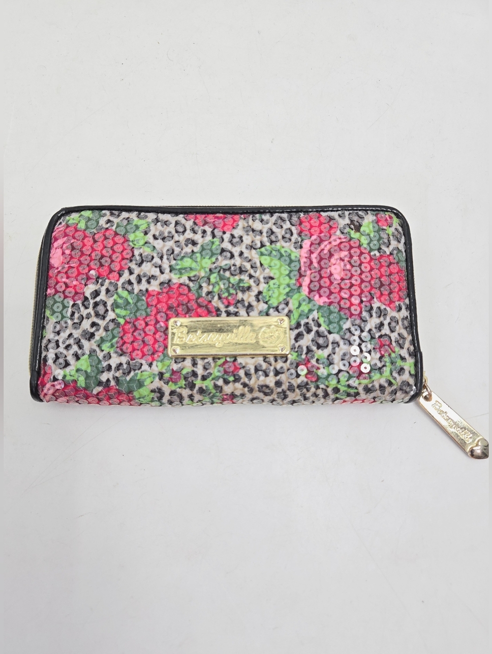 Betsey Johnson Wallet Sequin Floral Leopard Print Zipβ Around